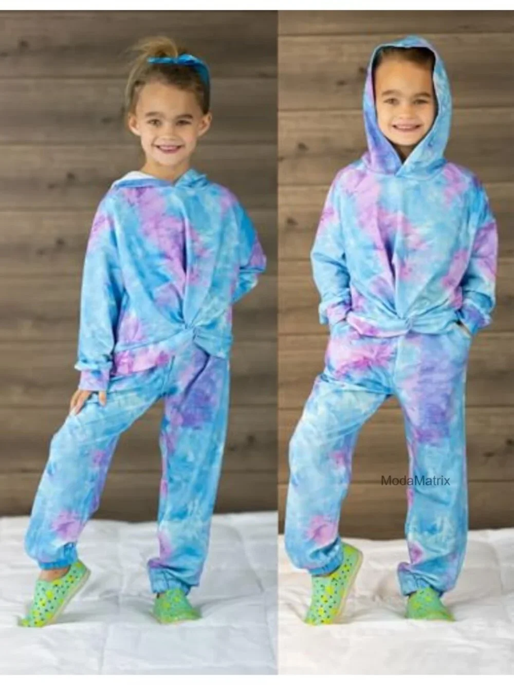 Girls 2 Piece Hooded Sweatsuit Set Tie-dye Twist Front Pullover Athletic